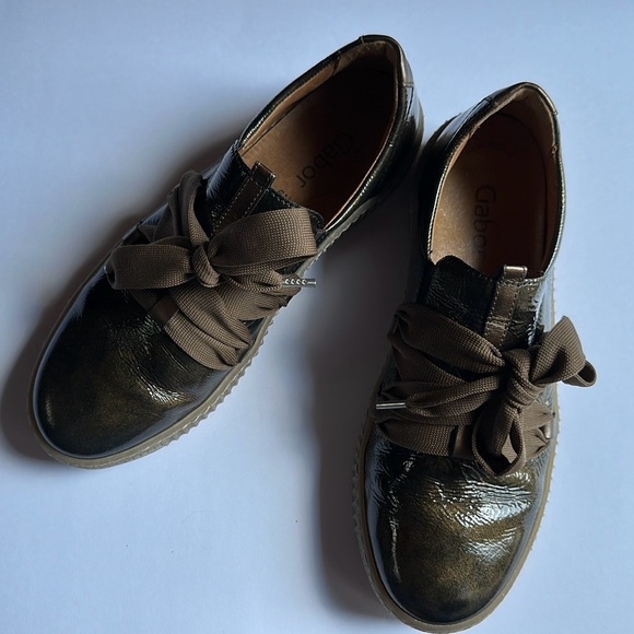Gabor Shoes - Gabor Best Fitting Metallic Olive Green Patent Leather Sneakers Ribbon Lace